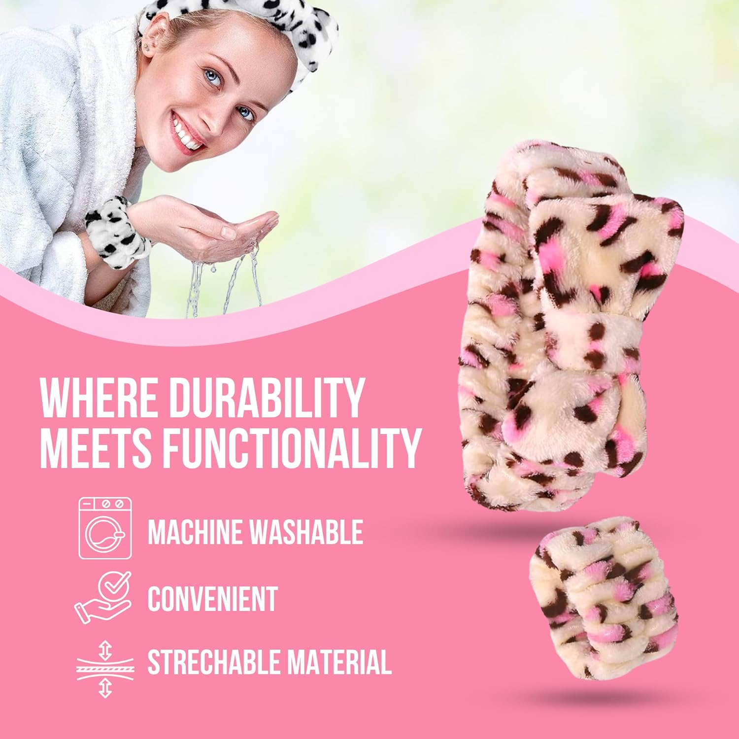 Pink Spa Headband and Wristband Set by Freckled Rebel. Pink Leopard Skincare Headbands with Cozy Wrist Towels for Enhanced Face Washing Experience. Ideal for Beauty & Personal Care Routines. - Image 5