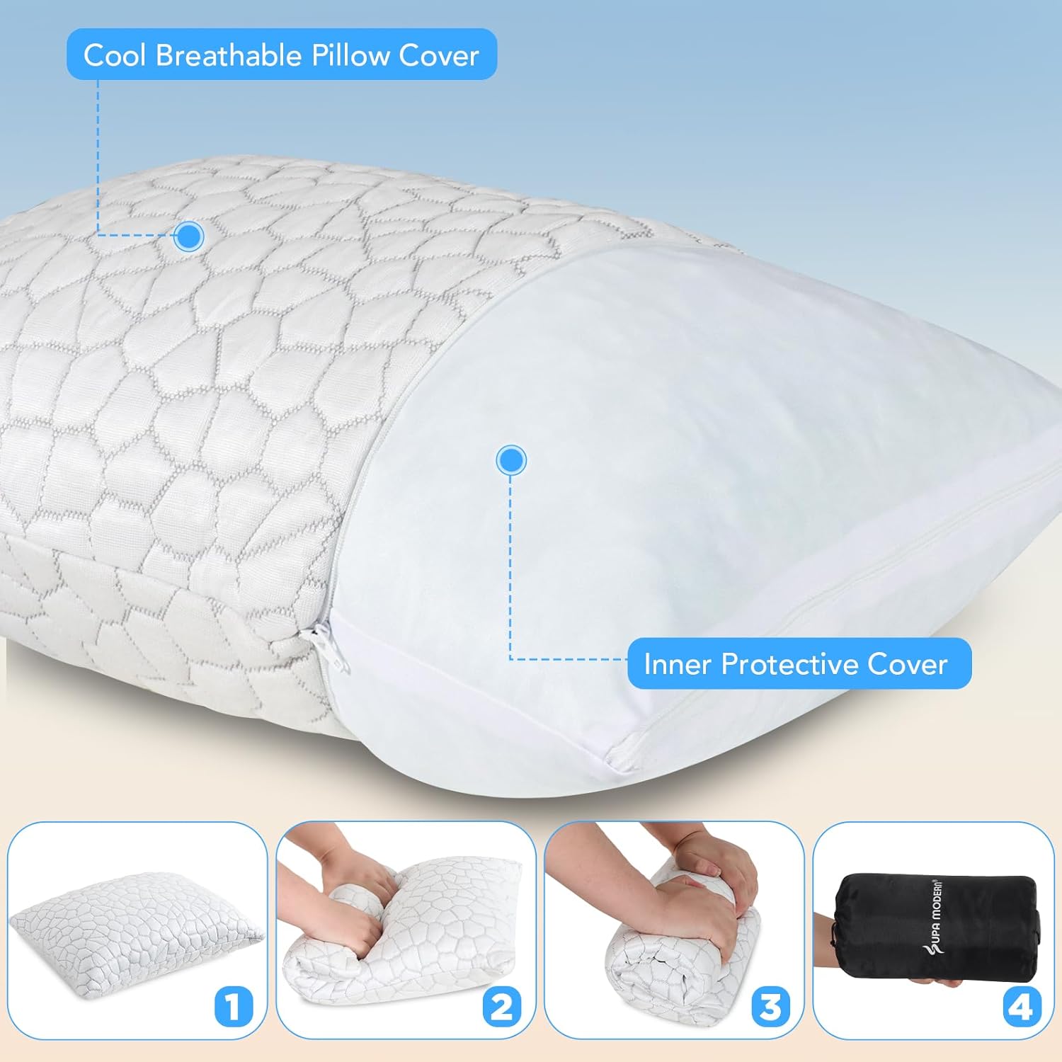 Cooling Bed Pillows for Sleeping 1 Pack Small Shredded Memory Foam Pillow Camping Pillow Travel Pillow - Compressible Medium Firm, Breathable Cover, ldeal Backpacking Hiking, Airplane and Car - Image 3