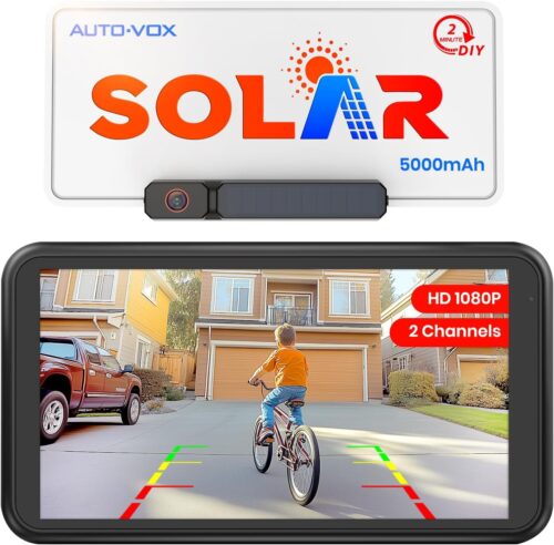 AUTO-VOX Solar Wireless Backup Camera with 5″ 1080P Monitor: 5000mAh Battery 2 Mins DIY Installation & 2 Split Screen Back Up Camera, IP69K Waterproof Reverse Camera for Car, Van, SUV, Truck, Trailer