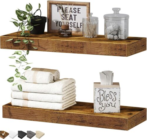 QEEIG Bathroom Floating Shelves for Wall Mounted Shelf Over Toilet Farmhouse Home Decor Display Shelving Small 16 inch Set of 2, Rustic Brown (008-40BN)