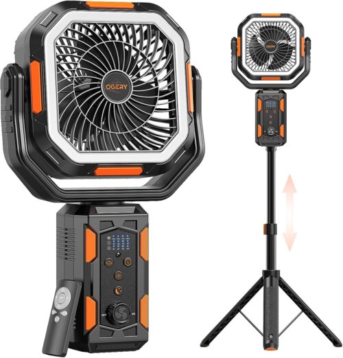OGERY F21 Camping Fan with Stand, 20000mAh Rechargeable Battery Powered Standing Fan, LED Lanterns for Power Outages, Strong Wind, Fast Charging for Tent, Travel, Bedroom, Camping Essentials
