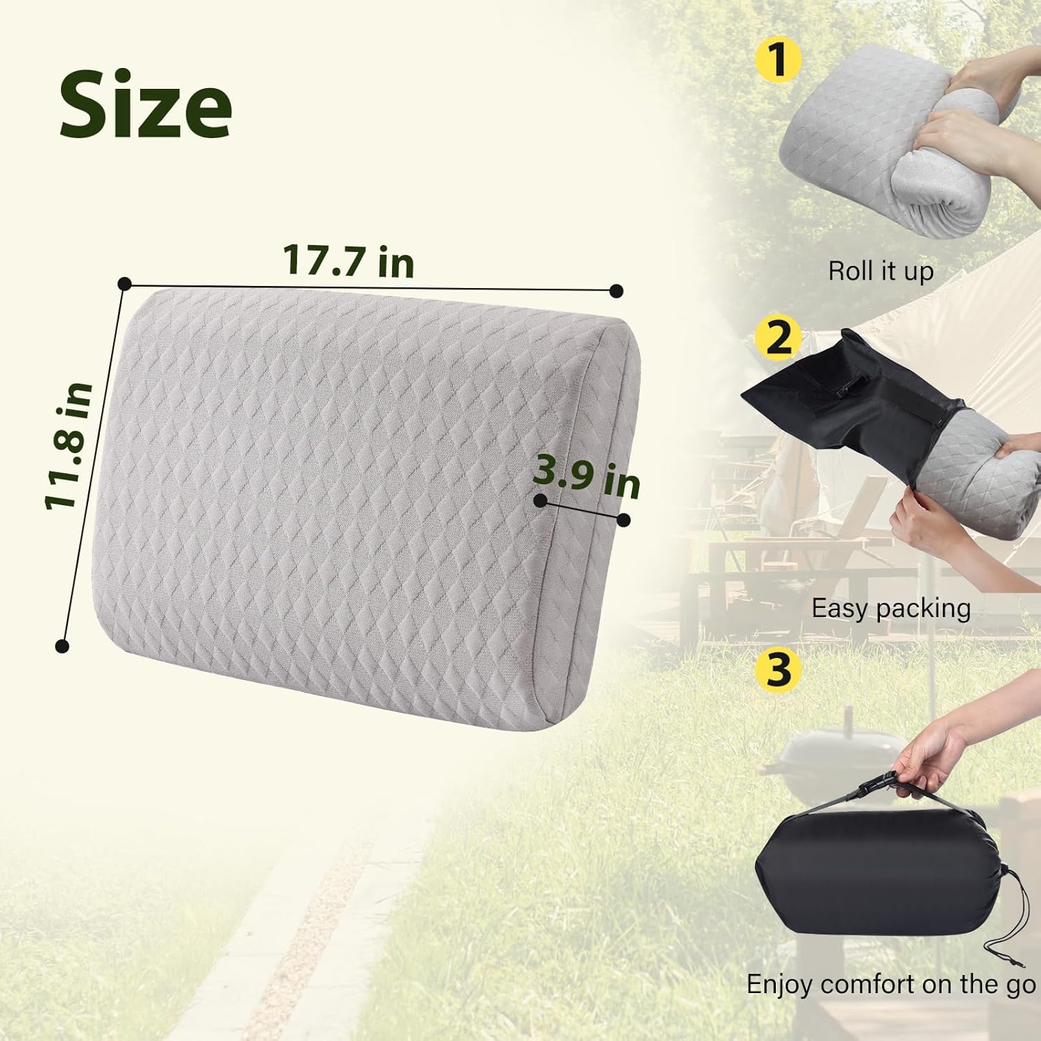 ENITYA Camping Pillow with Washable Cover - Travel Essentials, Memory Foam Backpacking Pillow, Portable for Camping, Air Travel, Hiking, Beach, Hammock, Medium(Grey) - Image 5