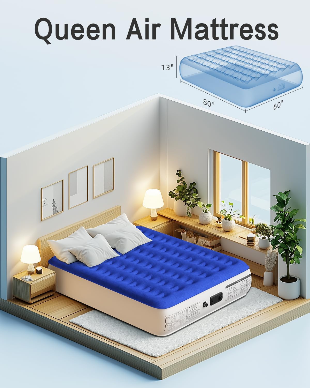 Queen Air Mattress with Built in Pump Luxurious Comfort Raised Inflatable Mattress Queen Airbed Blow Up Mattress for Home and Guests 80"*60"*13" Air Bed 2 Mins Fast Inflate/Deflate 660 lbs Max - Image 6