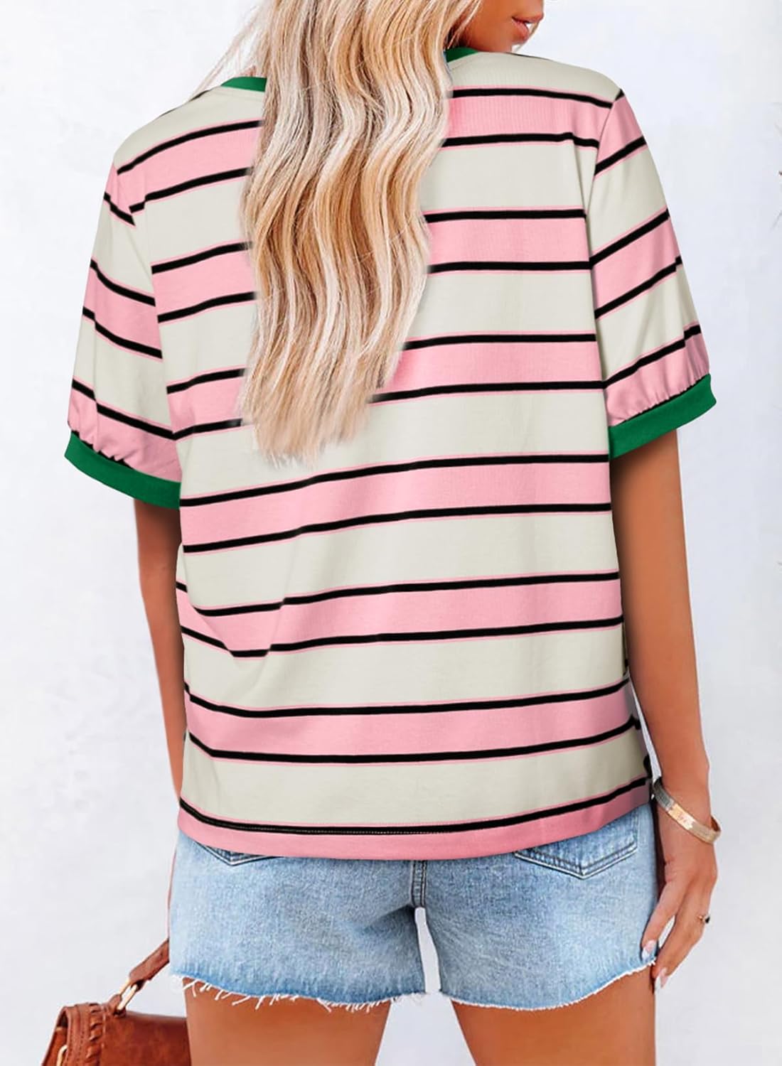 Dokotoo Womens Summer Tops 2025 Striped Color Block Short Sleeve T-Shirts Crewneck Casual Loose Basic Tee Blouses - Image 2