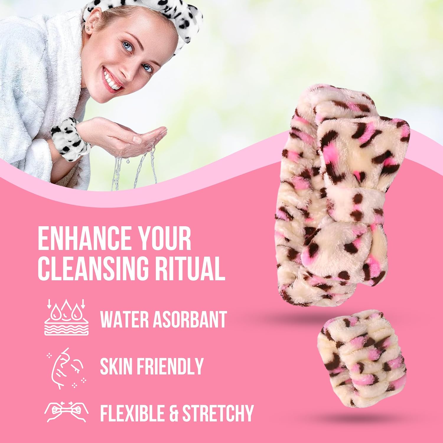 Pink Spa Headband and Wristband Set by Freckled Rebel. Pink Leopard Skincare Headbands with Cozy Wrist Towels for Enhanced Face Washing Experience. Ideal for Beauty & Personal Care Routines. - Image 4