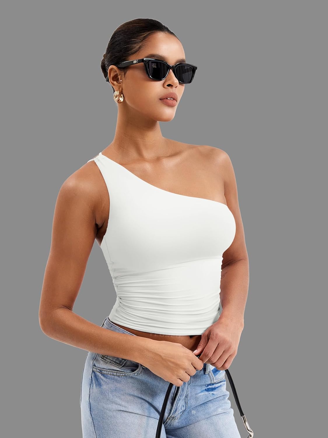 YEOREO Womens One Shoulder Tops Sleeveless Going Out Tank Top Fanciy Double Lined Cropped Tee Y2K Summer Shirts Slim Fit - Image 4