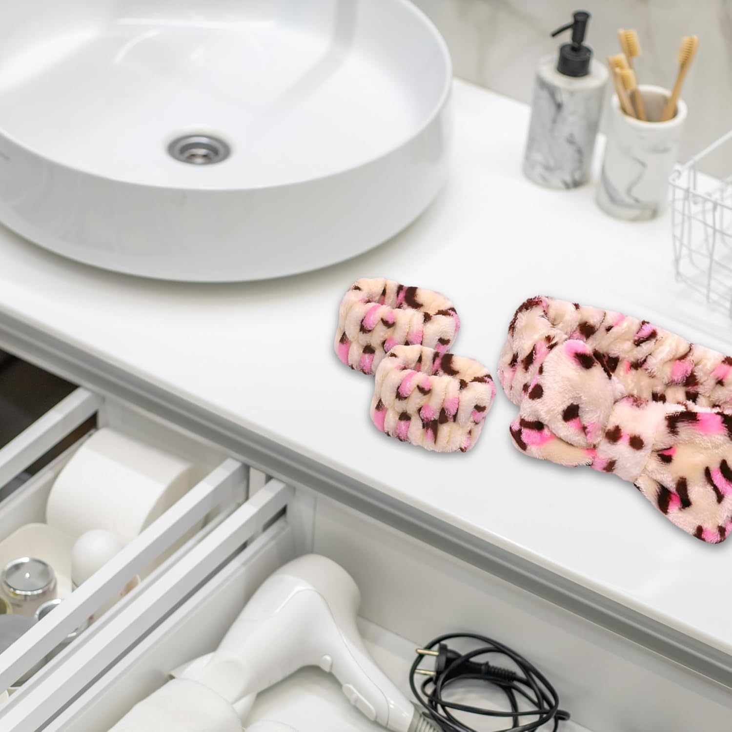 Pink Spa Headband and Wristband Set by Freckled Rebel. Pink Leopard Skincare Headbands with Cozy Wrist Towels for Enhanced Face Washing Experience. Ideal for Beauty & Personal Care Routines. - Image 7