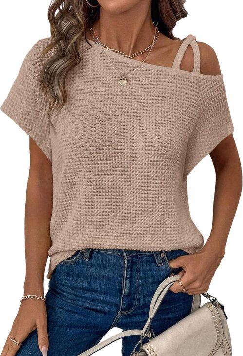 Dokotoo Womens Summer Tops Off One Shoulder Waffle Knit Short Sleeve T-Shirts Casual Lightweight Solid Color Blouses