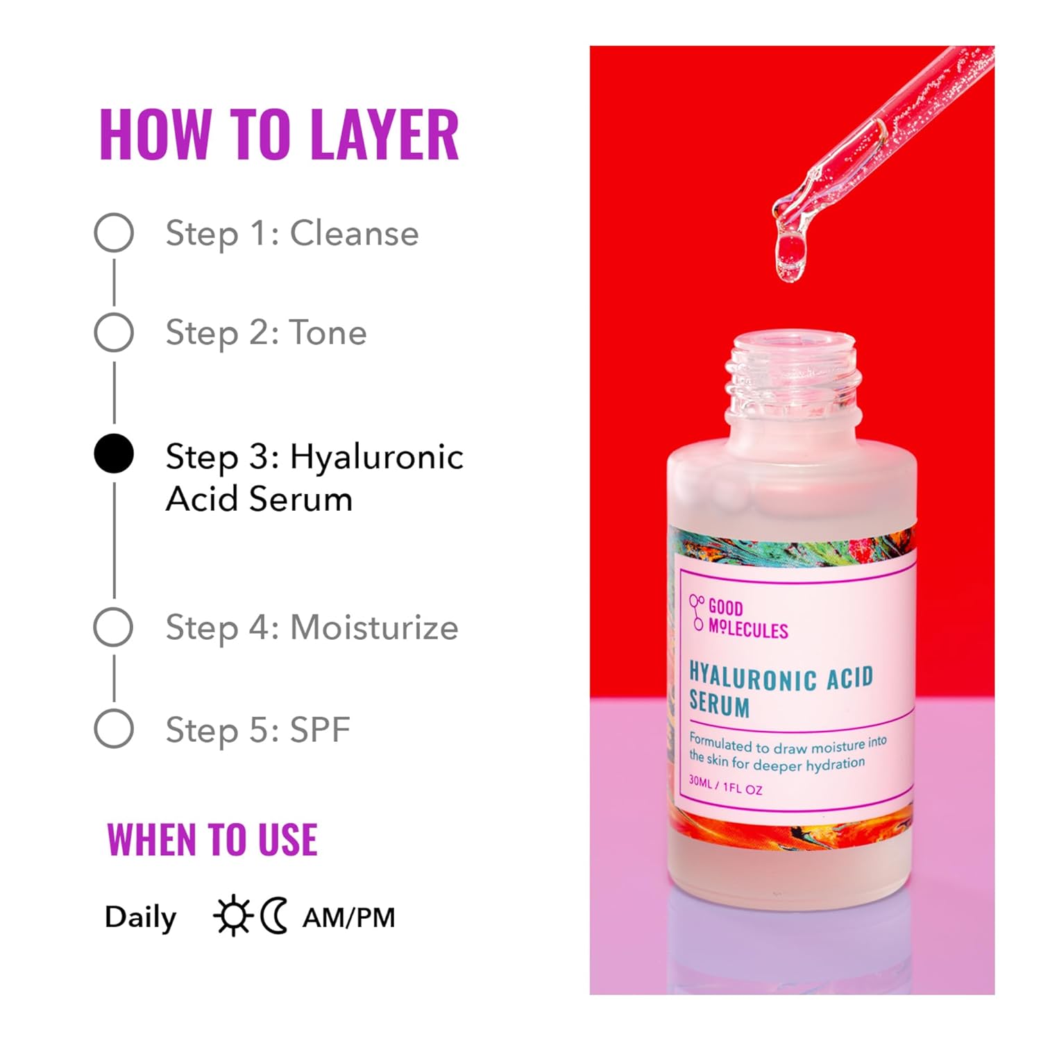 Good Molecules Hyaluronic Acid Serum - 1% Hyaluronic Acid Non-greasy Ultra Hydrating Serum, Facial Moisturizer for Plumper Skin, Skin Care for Face - Image 4