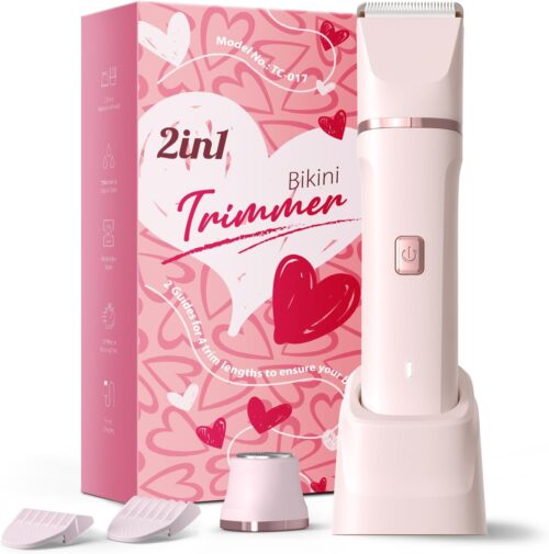 Bikini Trimmer for Women – Painless Electric Razors for Silk Skin,Cordless Body Shaver for Trip,Replaceable Lady Facial Razor, IPX7 Waterproof&Easy Cleaning, Ceramic Blade, USB Charge Dock Pink