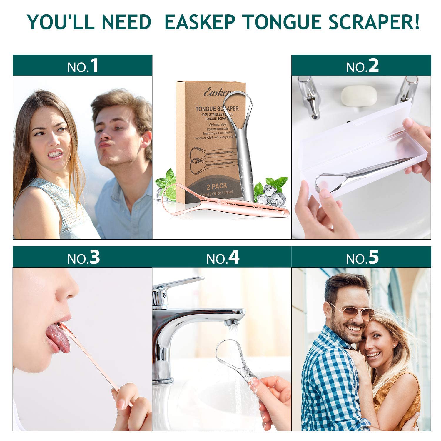 Tongue Scraper (2 Pack), Wide-Head Tongue Cleaner with Nice Carrying Box, Easkep 100% Stainless Steel Tongue Scrapers Cleaners, for Men, Women, Adults, Kids - Image 5