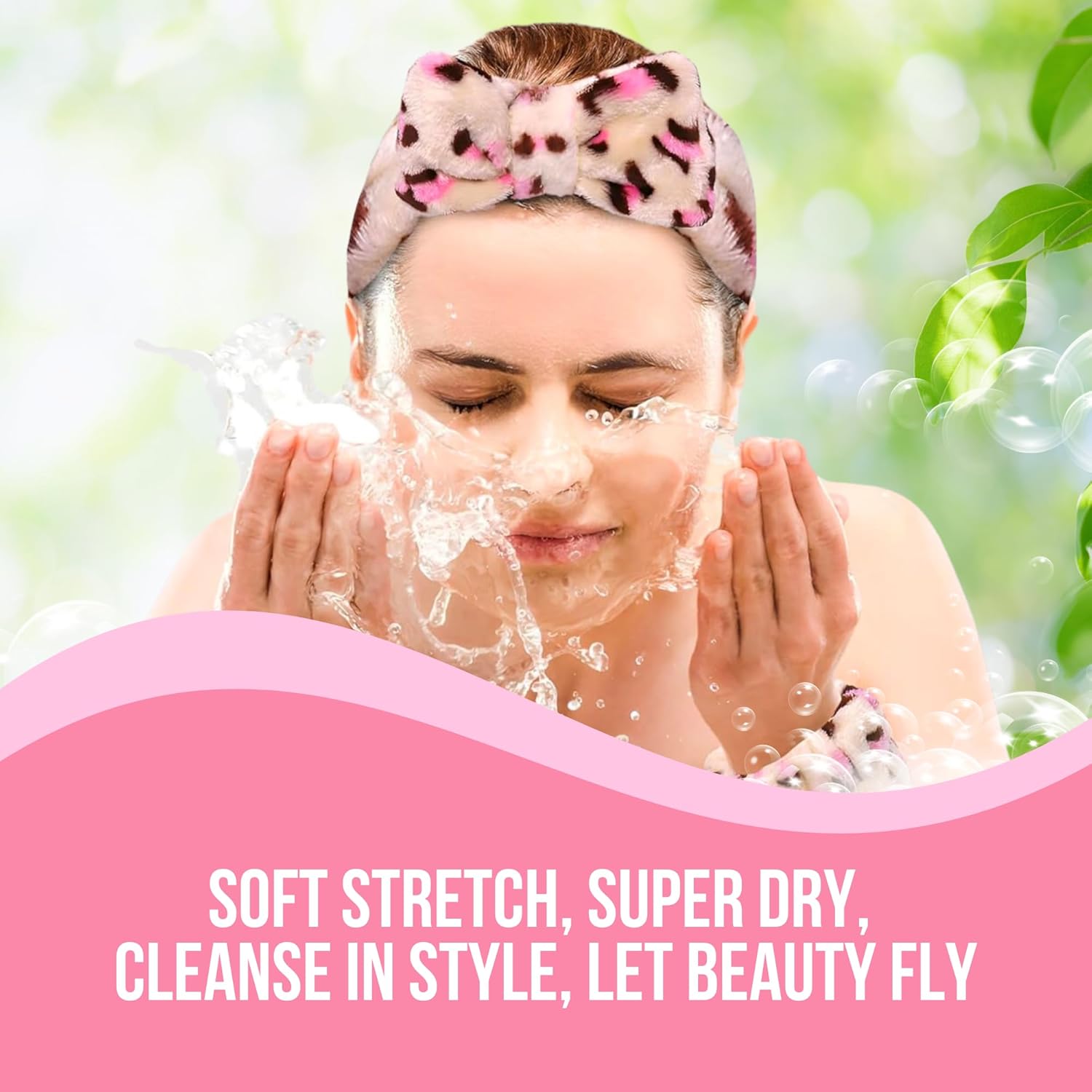 Pink Spa Headband and Wristband Set by Freckled Rebel. Pink Leopard Skincare Headbands with Cozy Wrist Towels for Enhanced Face Washing Experience. Ideal for Beauty & Personal Care Routines. - Image 6