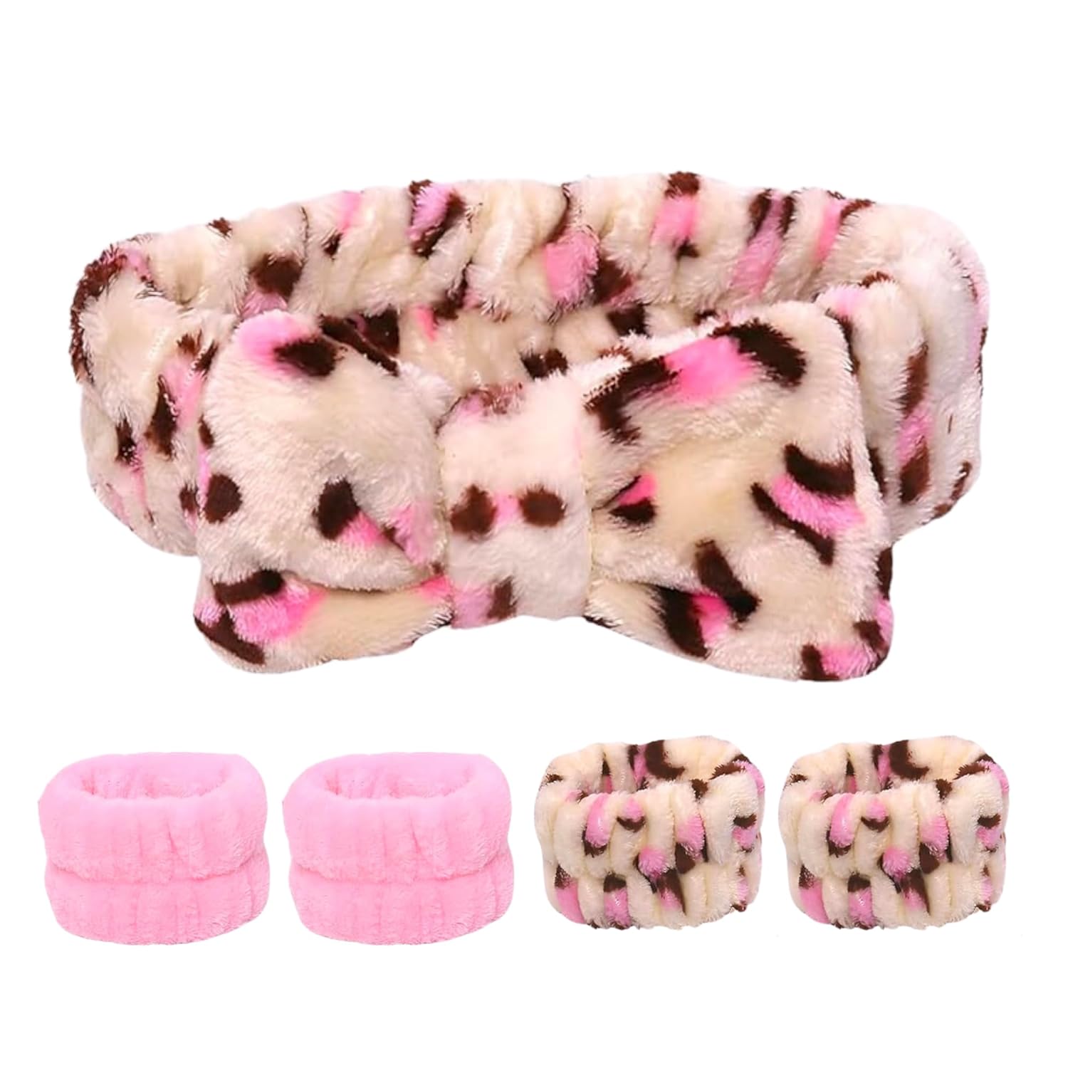 Pink Spa Headband and Wristband Set by Freckled Rebel. Pink Leopard Skincare Headbands with Cozy Wrist Towels for Enhanced Face Washing Experience. Ideal for Beauty & Personal Care Routines.