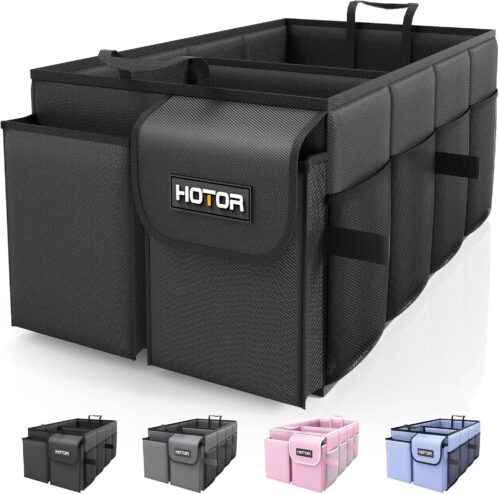 HOTOR Trunk Organizer – Car Organizer, Foldable Trunk organizer for SUVs & Sedans, Sturdy Car Organization for Car Accessories, Tools, Sundries, Black, 2 Compartments, 21.3″×12.6″×10.6″