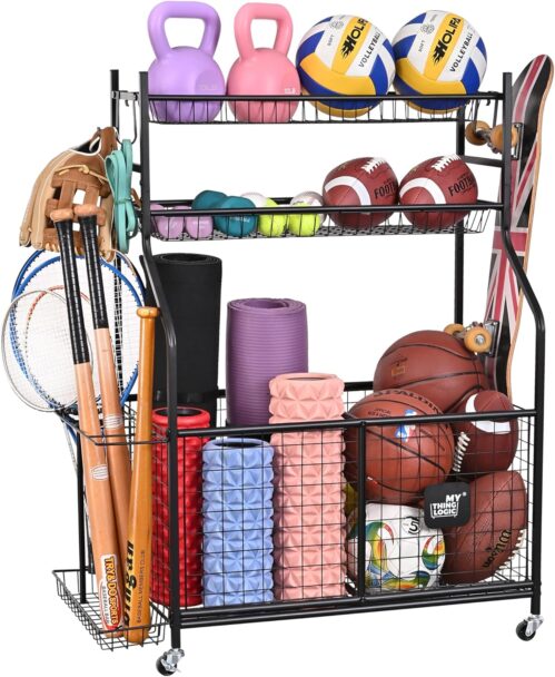 Mythinglogic Sports Equipment Garage Organizer,Garage Ball Storage for Sports Gear and Toys, Rolling Ball Cart with Wheels for Indoor/Outdoor Use