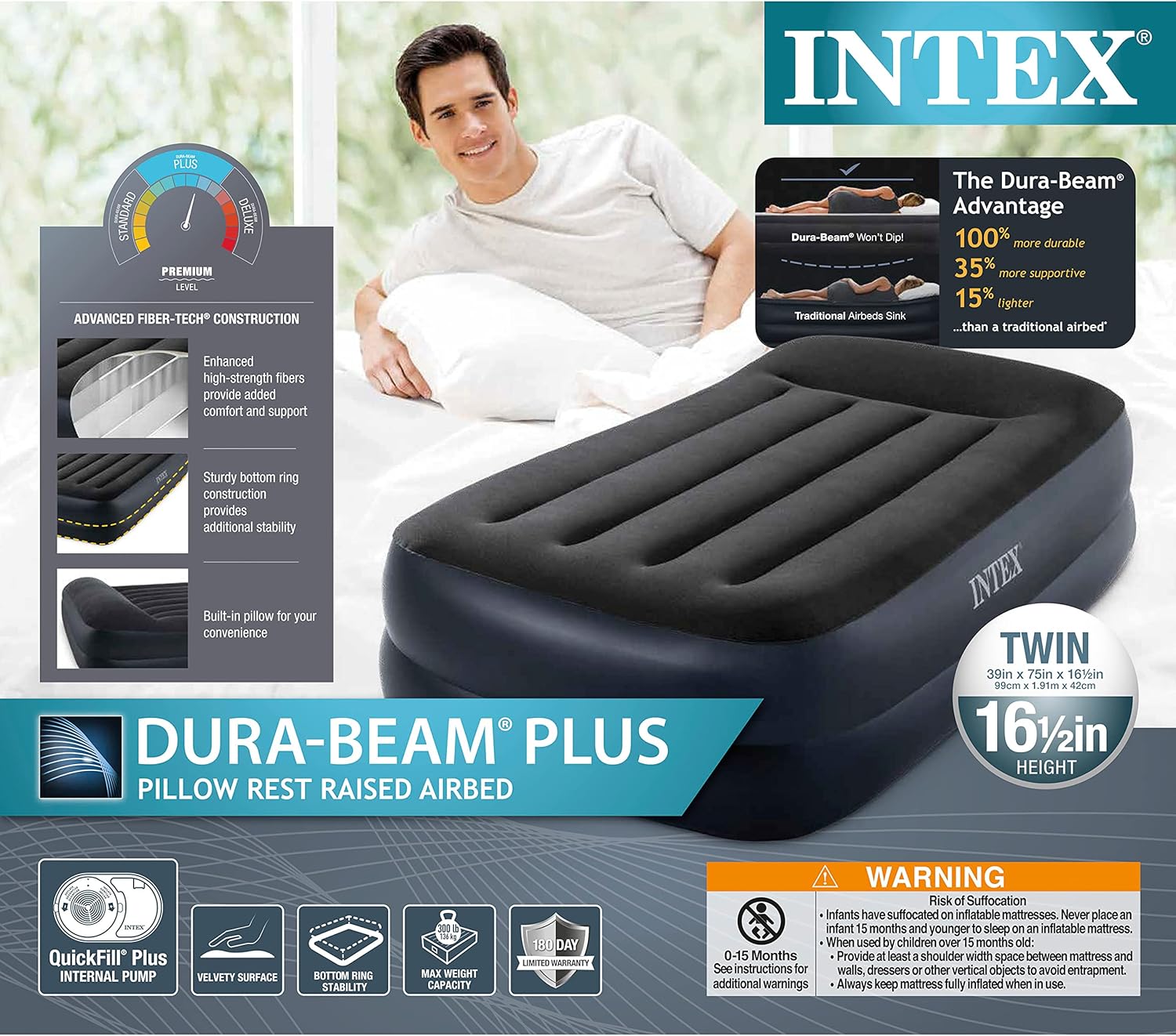 INTEX Raised Airbed Mattress with Built-in Pump, Dura-Beam Plus Pillow, Twin - Portable Inflatable Luxury Blow-Up Bed for Adults, Camping, Guests - Image 8