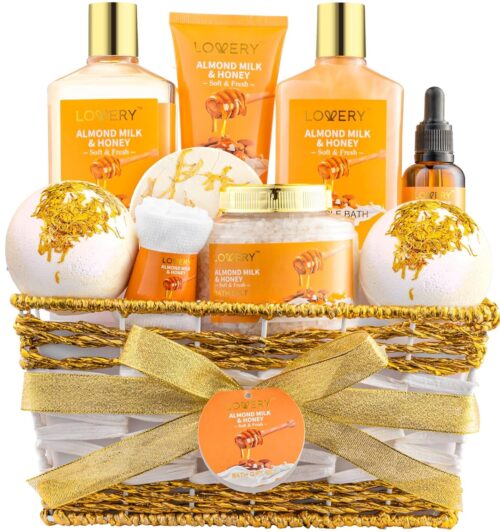 Gifts for Women Gift Basket for Women – 10 Pc Almond Milk & Honey Beauty & Personal Care Set – Home Bath Pampering Package for Relaxing – Spa Self Care Kit – Thank You, Birthday, Mom, Anniversary Gift