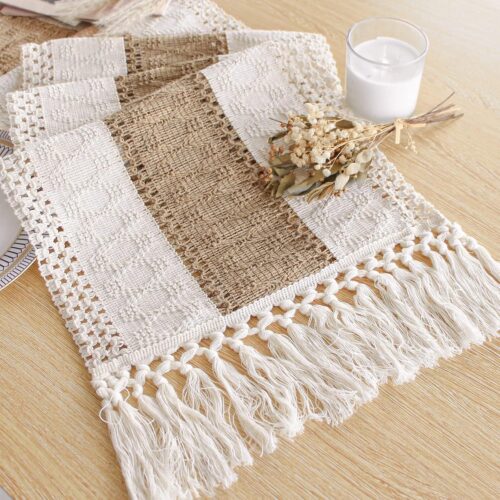 FEXIA Boho Table Runner for Summer Home Decor with Tassels 72 Inches Long Farmhouse Rustic Table Runner Macrame Burlap Table Decoration for Living Room Bridal Shower(12×72 Inches)