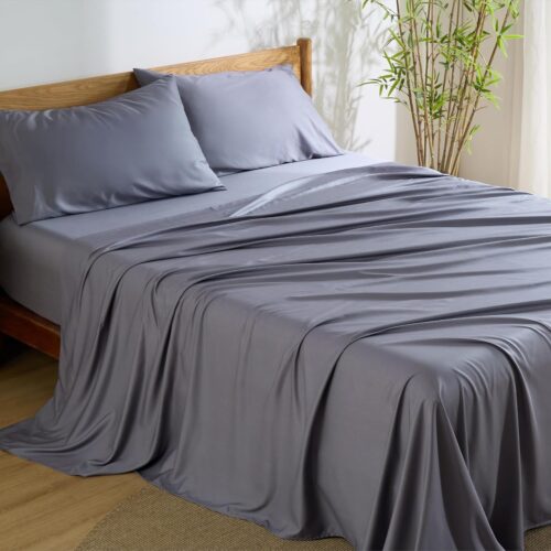 Bedsure Queen Sheet Set, Cooling Sheets for Queen Size Bed Set, Rayon Derived from Bamboo, Breathable & Soft, Deep Pocket Up to 16 Inches, Hotel Luxury Silky Bedding for Hot Sleepers, Dark Grey