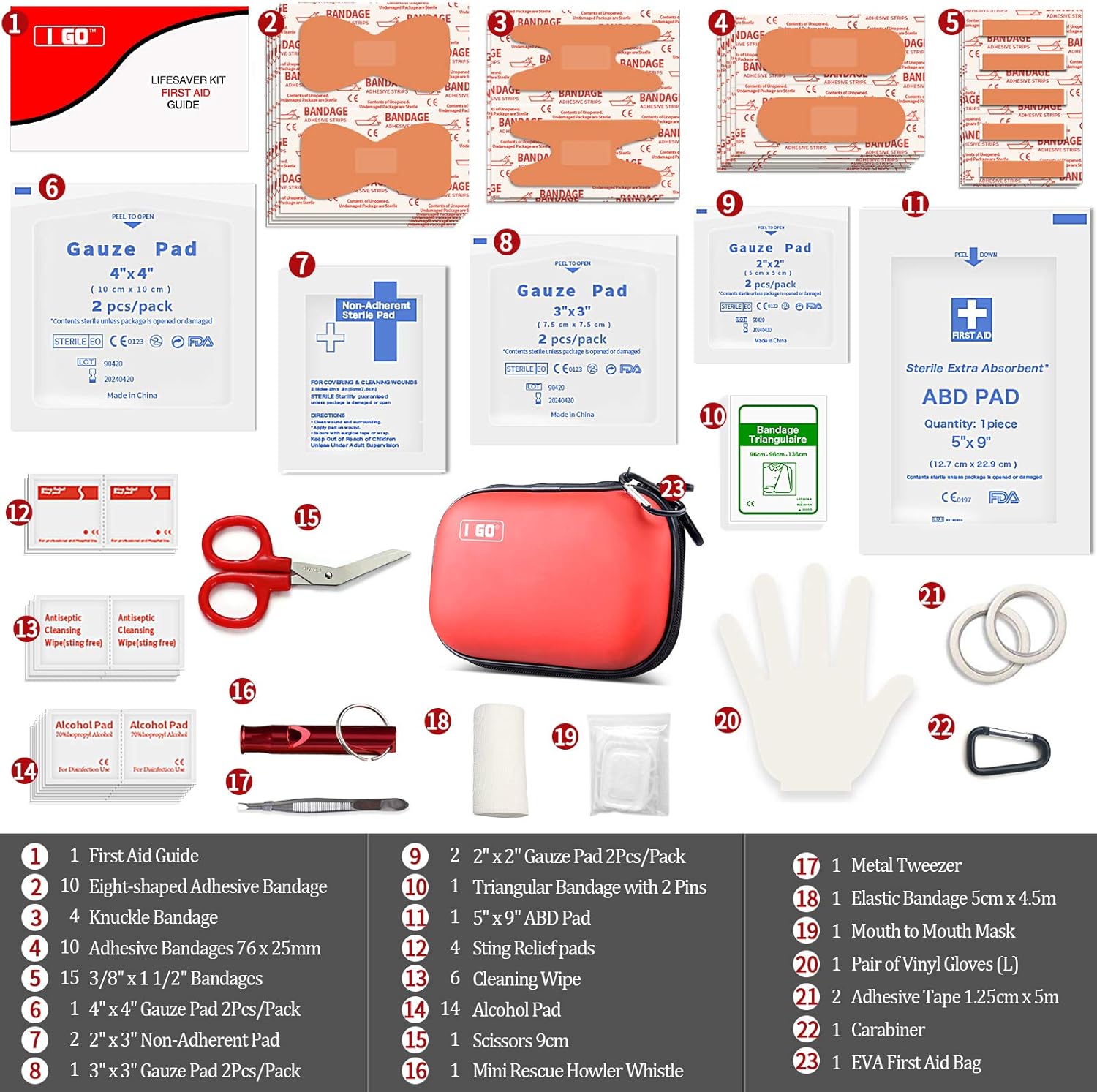 I GO 85 Pieces Hard Shell Mini Compact First Aid Kit, Small Personal Emergency Survival Kit for Travel Hiking Camping Backpacking Hunting Marine Car - Image 4