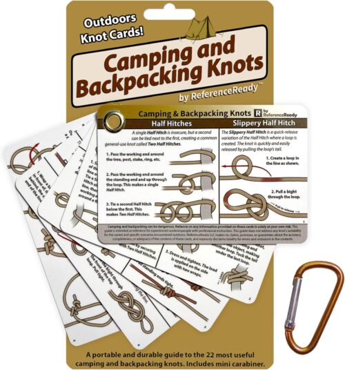 Outdoor Knots – Waterproof Knot Tying Cards with Mini Carabiner – Includes 22 Rope Knots for Camping, Backpacking, and Scouting Scenarios