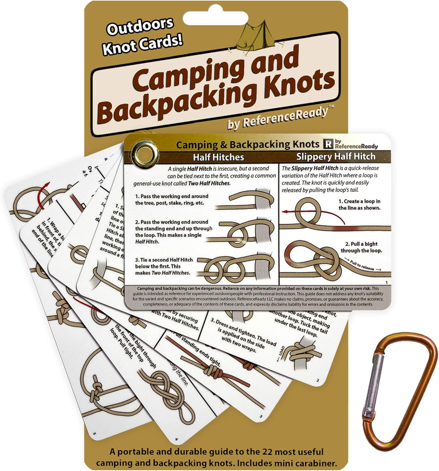 Outdoor Knots - Waterproof Knot Tying Cards with Mini Carabiner - Includes 22 Rope Knots for Camping, Backpacking, and Scouting Scenarios