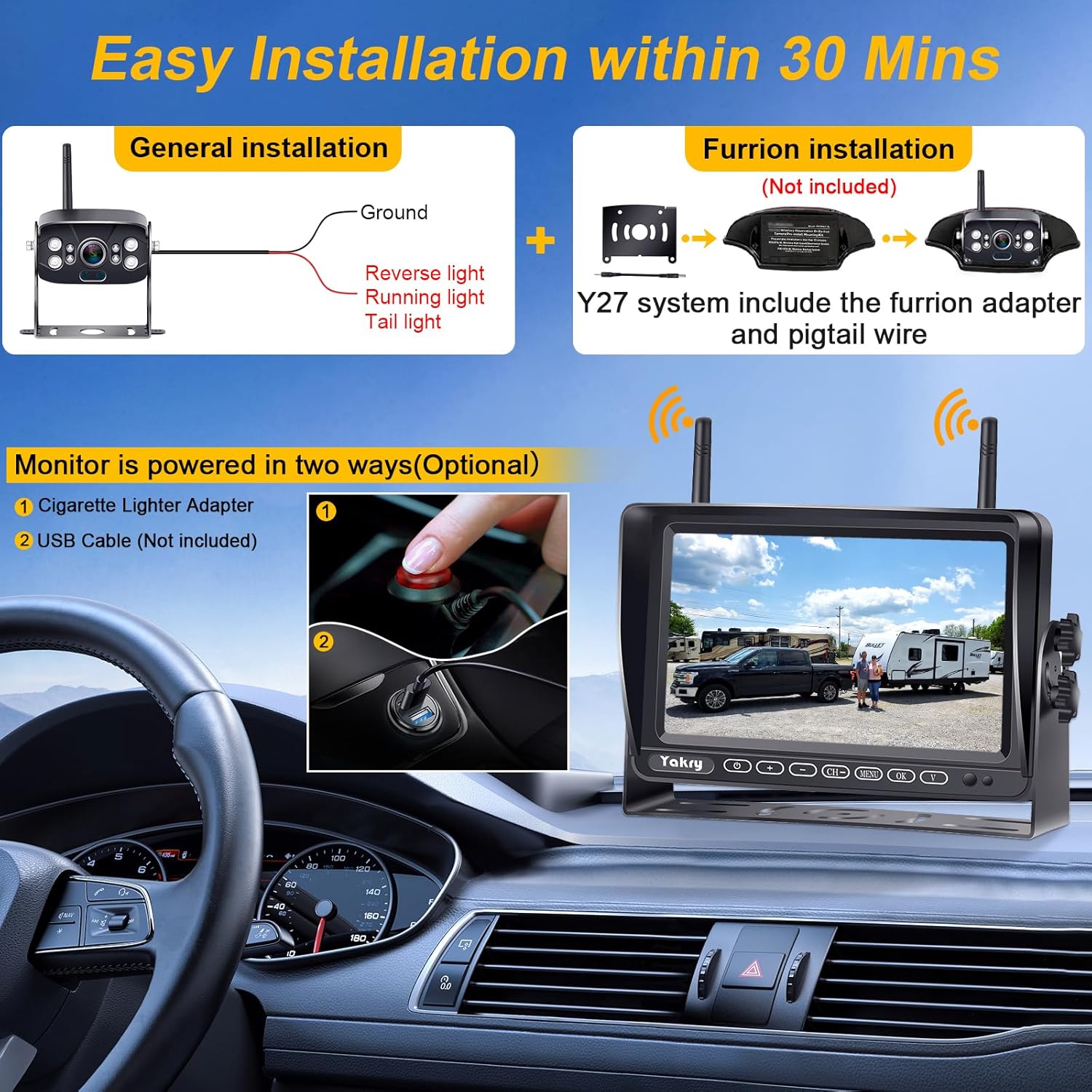 RV Backup Camera Wireless Plug and Play: Pre-Wired for Furrion System Recording Wide View Rear View Camera Clear Night Vision HD 1080P 7'' Touch Key Monitor for Trailer Camper Motorhome Yakry Y27-N - Image 3