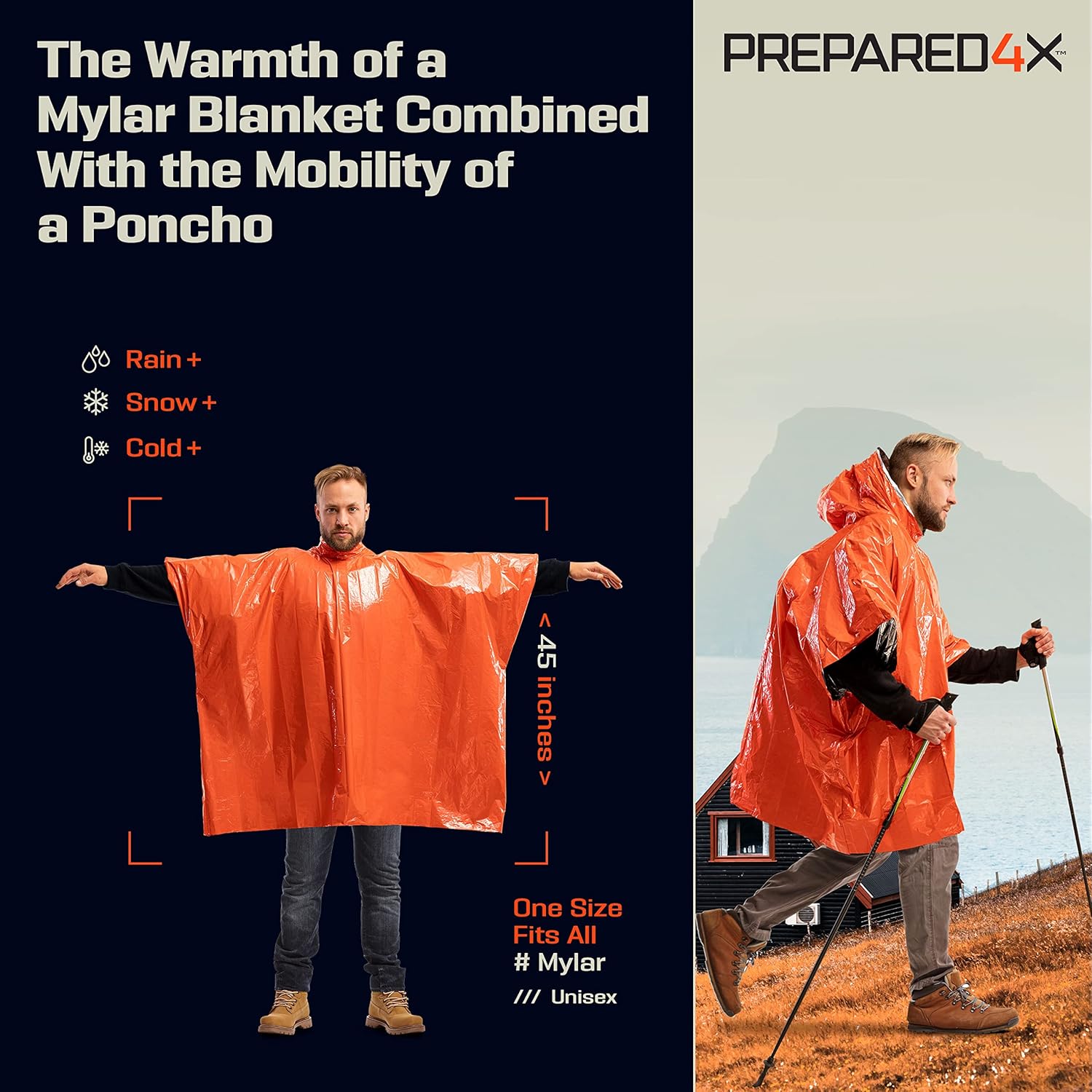 PREPARED4X Emergency Poncho and Mylar Blanket Liner - Waterproof, Wind-Resistant Outdoor Rain Poncho for Camping, Emergencies - Image 2