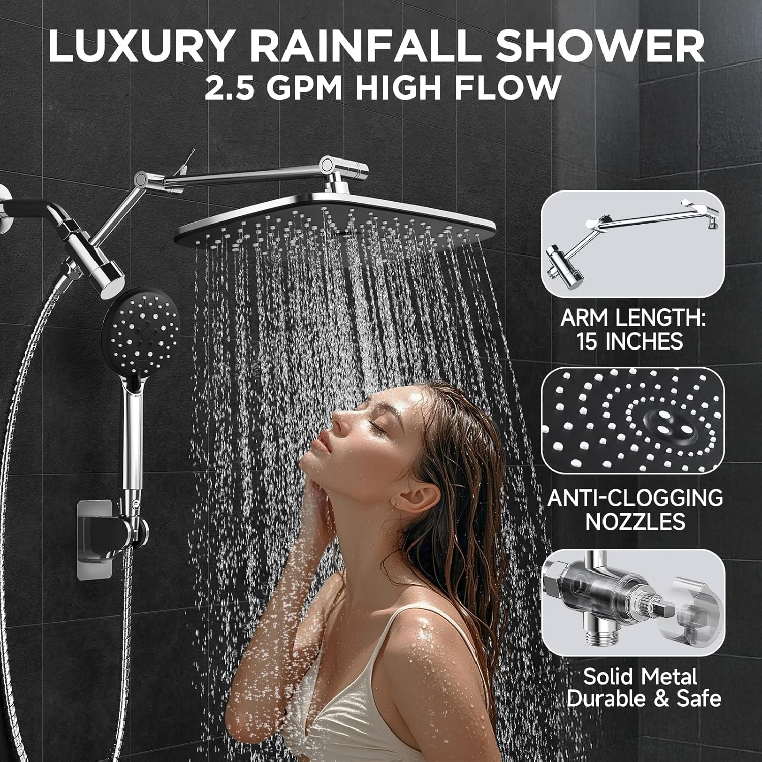 Veken Wide Rain Shower Head with 6 Modes Handheld Water Spray,High Pressure Showerhead Combo with Arm for Bathroom Accessories,Home Decor Detachable Dual Shower with Anti-Clog Nozzles,Silver Chrome - Image 3