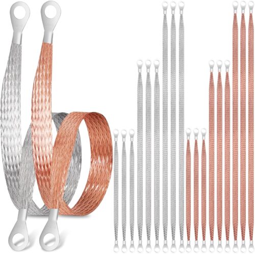 18 Pcs Ground Straps Automotive, 10/15/20 Inch Universal Engine Ground Wire Strap Kit with Ring Terminals, Vehicle Copper Tinned Copper Braided Grounding Cable Strap for Most Cars