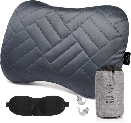 Camping Pillow with Washable Removable Cover -Ultralight Inflatable Pillow for Neck Lumbar Support with Silicone Silent Earplugs and 3D Sleep Eye Mask-Travel Air Pillows for Hiking,Backpacking