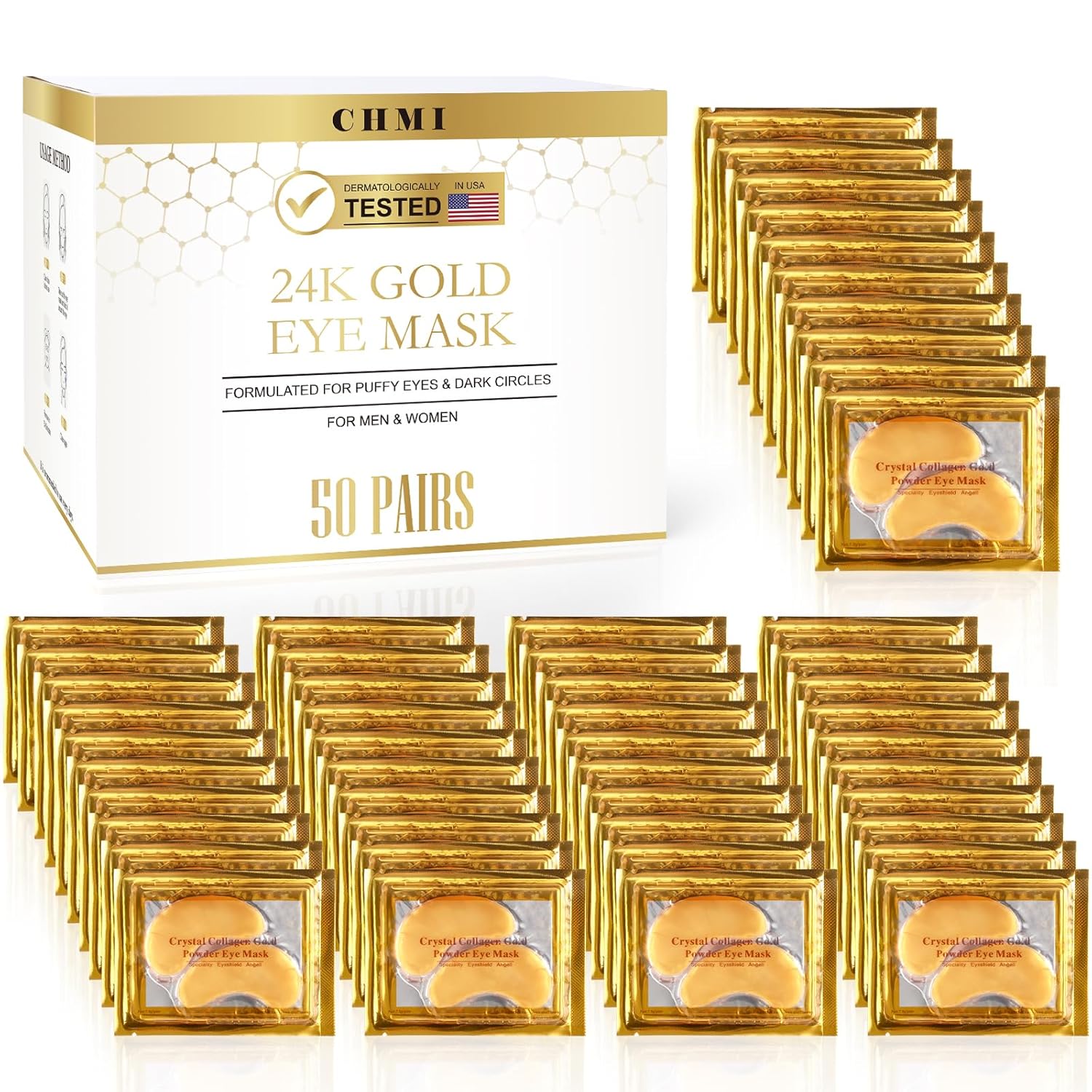 CHMI Under Eye Patches (50 Pairs) - 24K Gold Eye Patches for Puffy Eyes, Dark Circles, EyeBags and Wrinkles, Collagen Skin Care Products, Beauty & Personal Care