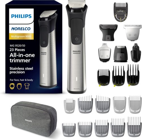 Philips Norelco Multigroom 9000 Series, All-in-One Trimmer, Beard Trimmer and Hair Clipper, 23-Piece Men’s Grooming Kit for Beard, Body, Face, Nose, Ear and Intimate Areas, MG9520/50