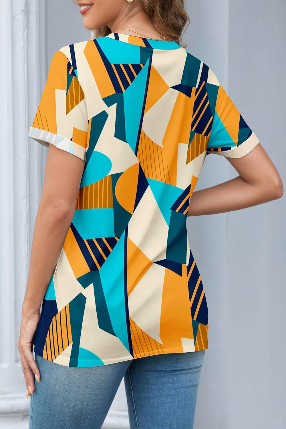 Womens Summer Tops Rolled Sleeve Shirts 2025 Fashion Crew Neck Trendy Outfits Clothes - Image 3