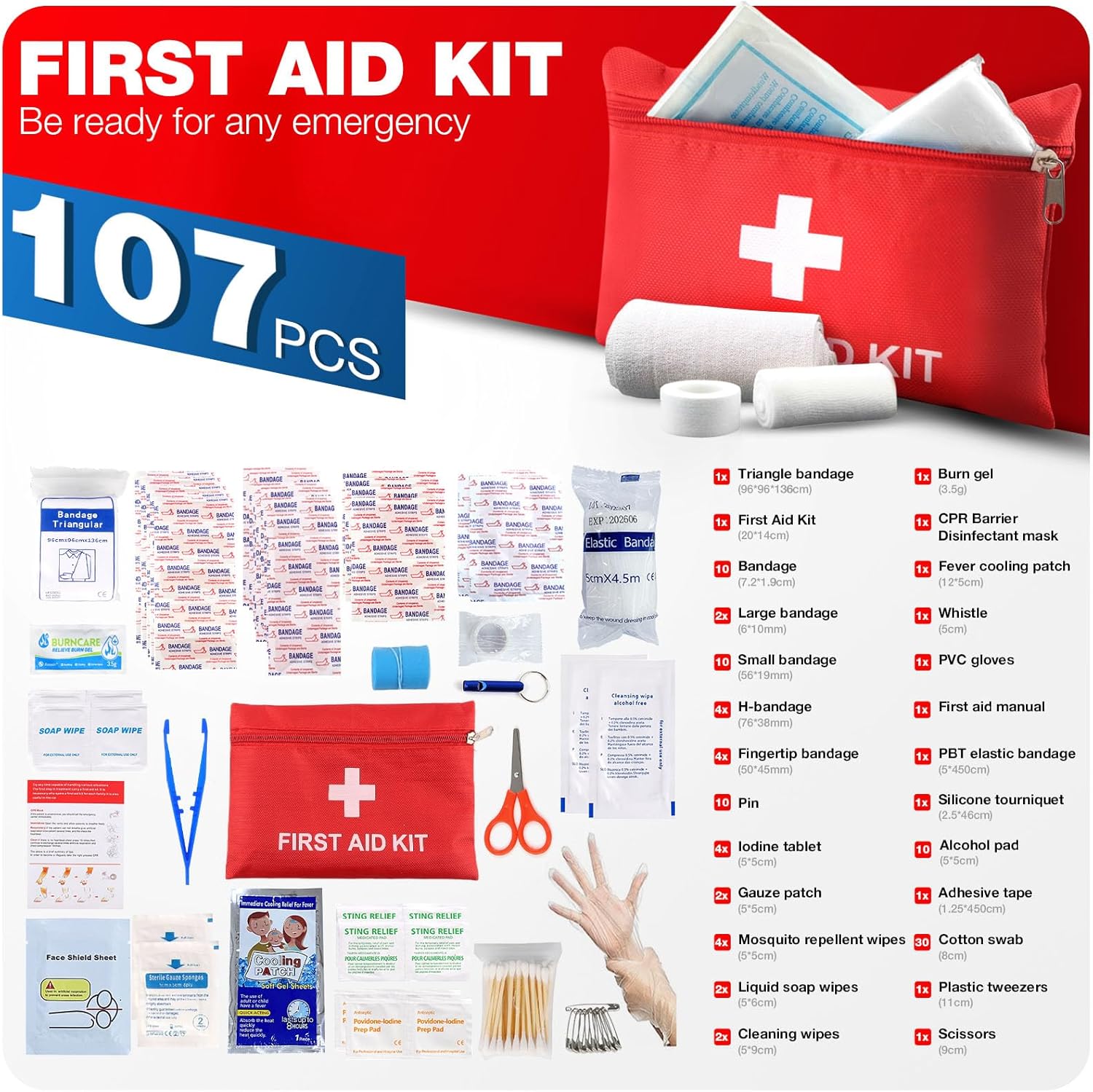 First Aid Kit for Home Car Travel 107 Piece Emergency Kits for Hiking Camping Small Trauma Kit for Boat Vehicle Lightweight Compact Pocket Aid Kit for Sports Outdoor Survival - Image 2