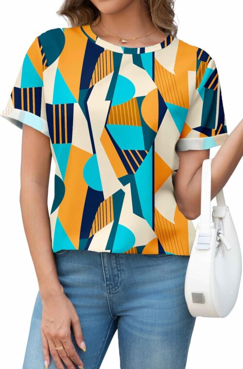 Womens Summer Tops Rolled Sleeve Shirts 2025 Fashion Crew Neck Trendy Outfits Clothes