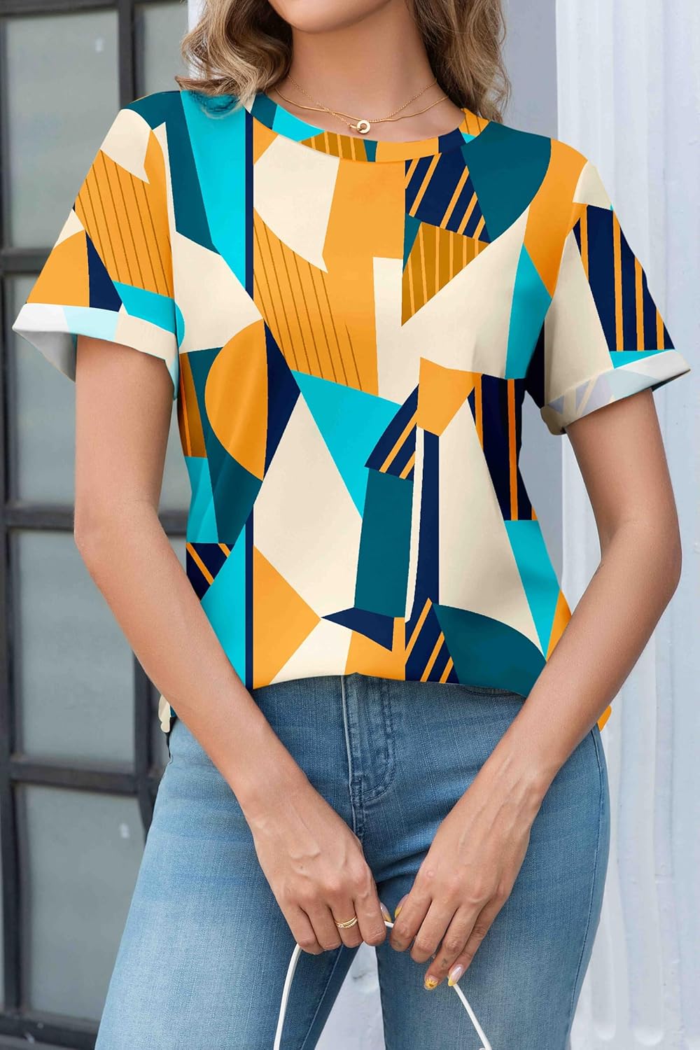 Womens Summer Tops Rolled Sleeve Shirts 2025 Fashion Crew Neck Trendy Outfits Clothes - Image 2