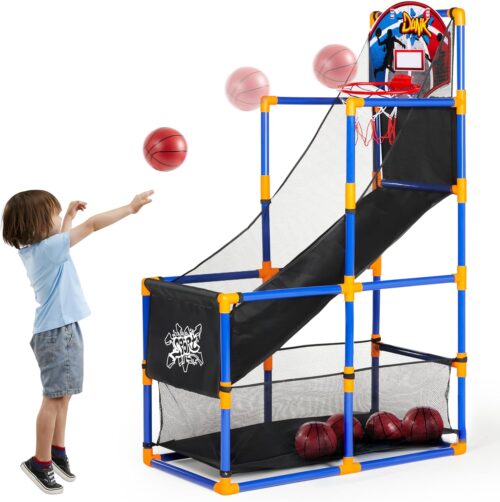 JOYIN Arcade Basketball Game Set with 4 Balls and Hoop for Kids 3 to 12 Years Old Indoor Outdoor Sport Play – Easy Set Up – Air Pump Included – Ideal for Competition