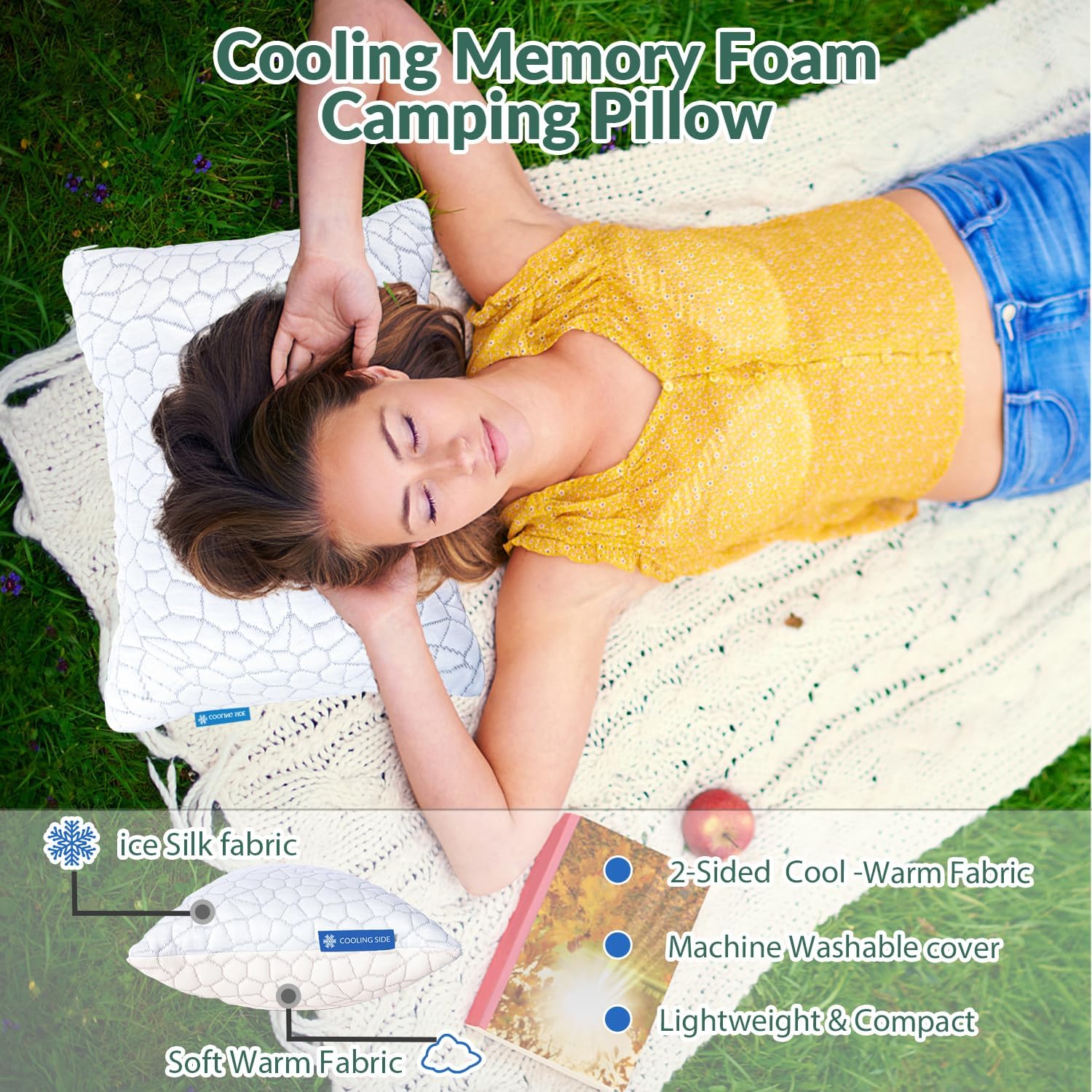 QUTOOL Small Travel Pillows for Sleeping, Cooling Memory Foam Camping Pillow, Backpacking for Hiking Gear, Portable Pillow with Travel Storage Bag, Camping Essentials for Adults Kids - Image 2