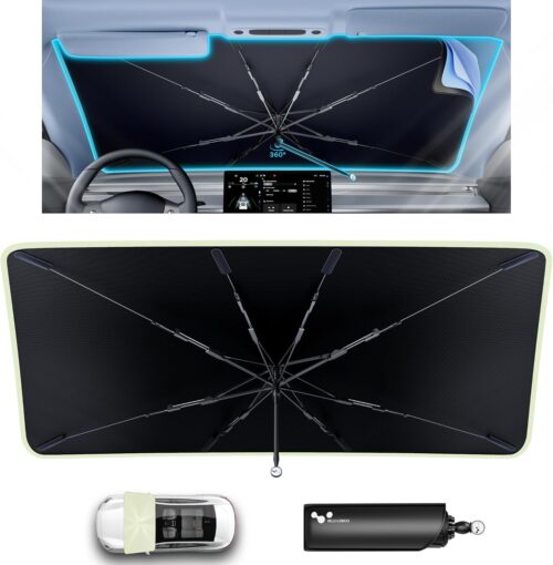 helloleiboo [2025 Upgraded] Car Windshield Sun Shade Umbrella 57″x 32″ Windshield Sun Shade Foldable 5-Layer Thickened Vinyl Coating Reflective Polyester Blocks Heat & UV Rays for Medium Car Sedans