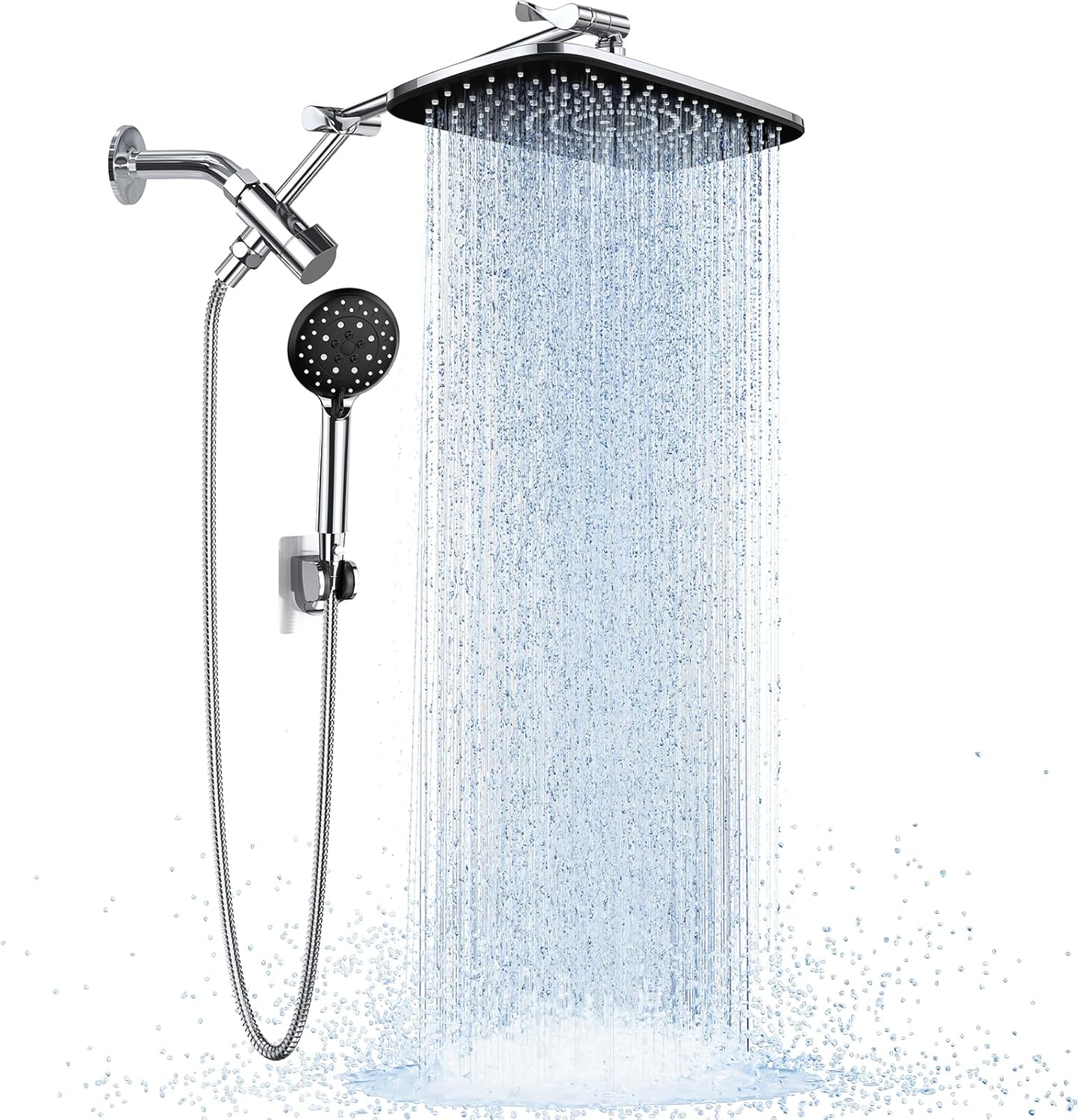 Veken Wide Rain Shower Head with 6 Modes Handheld Water Spray,High Pressure Showerhead Combo with Arm for Bathroom Accessories,Home Decor Detachable Dual Shower with Anti-Clog Nozzles,Silver Chrome