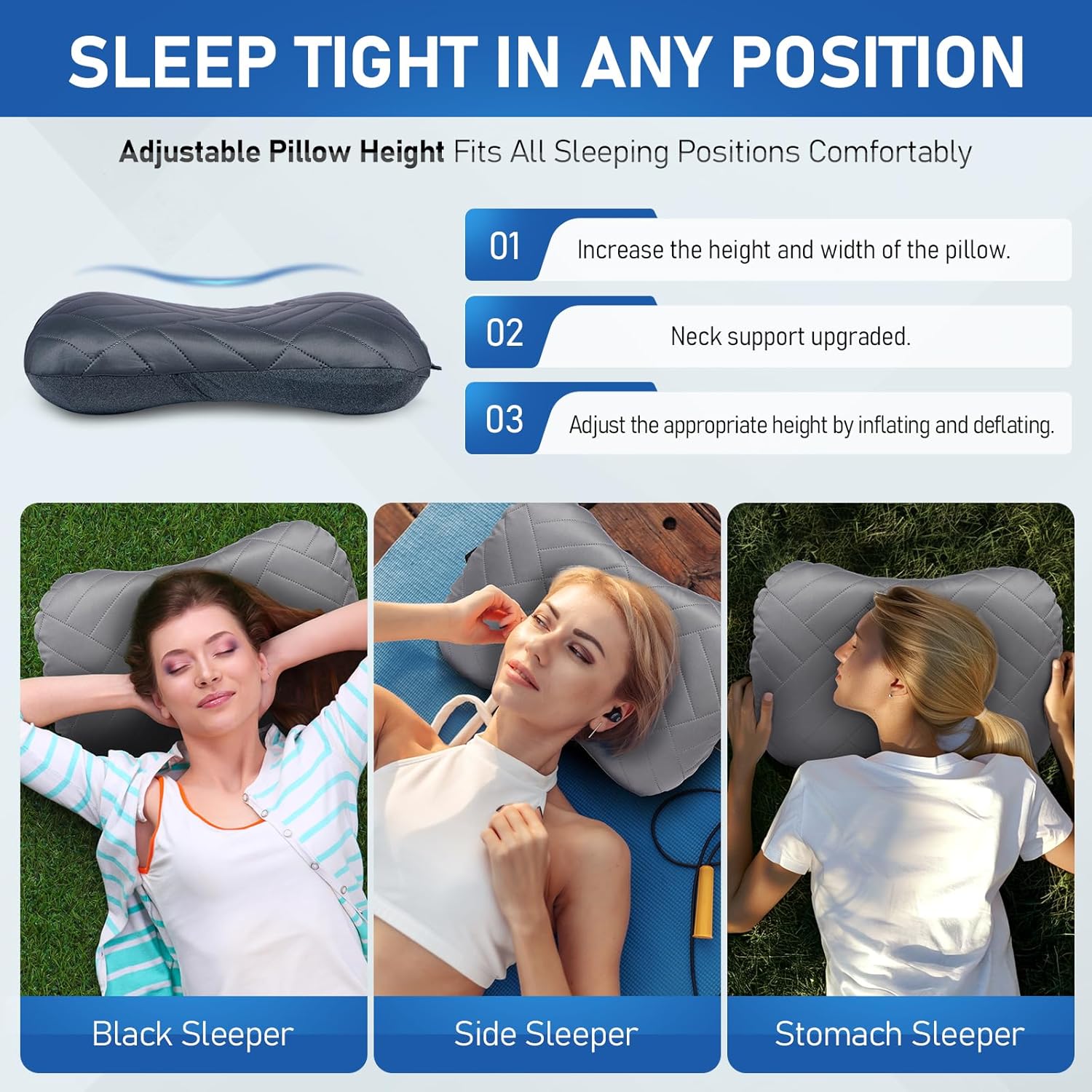 Camping Pillow with Washable Removable Cover -Ultralight Inflatable Pillow for Neck Lumbar Support with Silicone Silent Earplugs and 3D Sleep Eye Mask-Travel Air Pillows for Hiking,Backpacking - Image 4