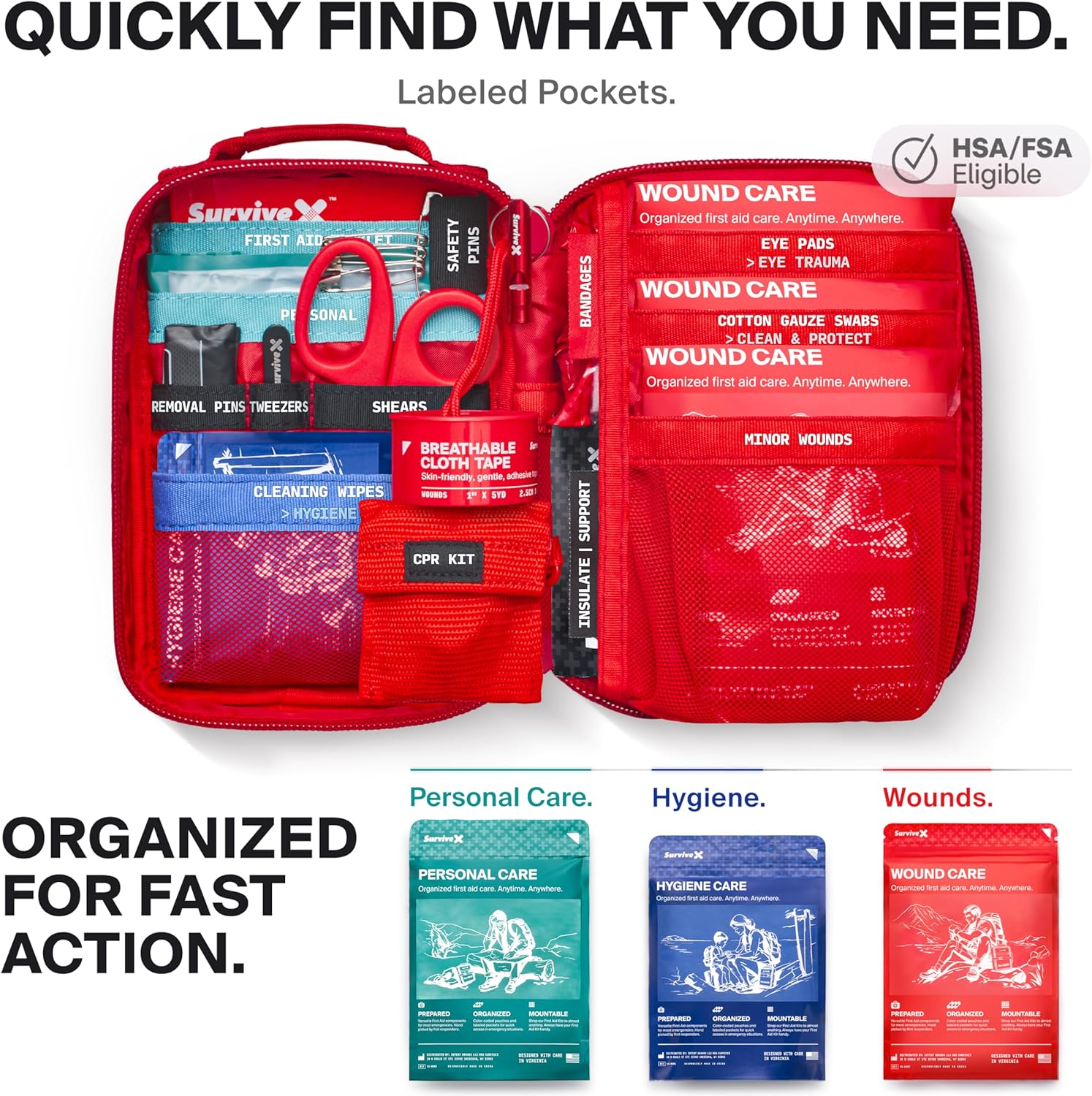 Small First Aid Kit for Car, Travel & Home - Emergency Kit for Hiking, Camping, Backpacking and Outdoors - Includes Zip Stitch Wound Closure Strips - FSA HSA Approved - Image 2