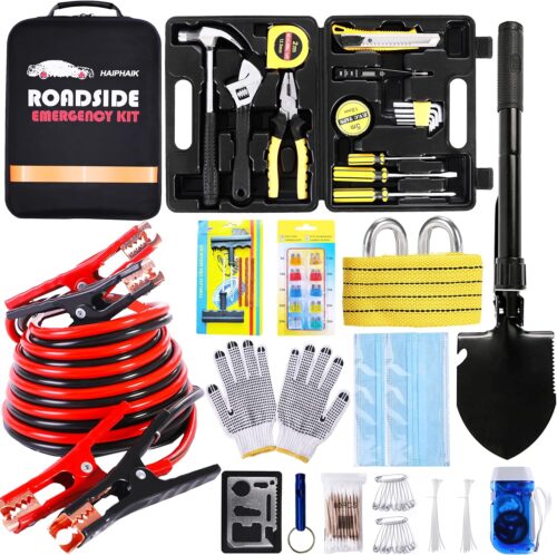 Emergency Roadside Kit for Car,Emergency Kits for Vehicles,Safety Kits for Cars, Car Jumper Cables Kit(11.8 Foot Upgrade) 124 Pcs,Tow Strap, Folding Survival Shovel,Car Tool Kit