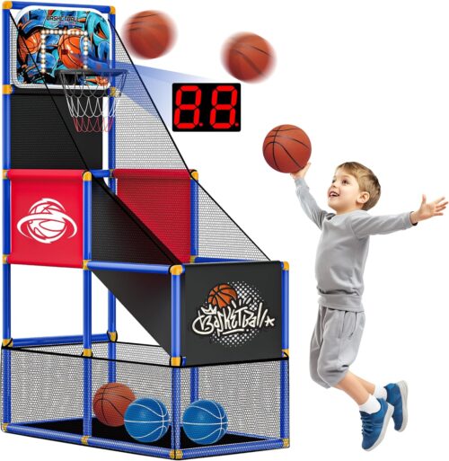 Kids Arcade Basketball Hoop with 4 Balls , Indoor Outdoor Single Shot Basketball Game for Toddler,Carnival Games Sport Toys Gifts for Boys Girls Ages 3-8 Years Old,Ideal for Competition,Pump Included