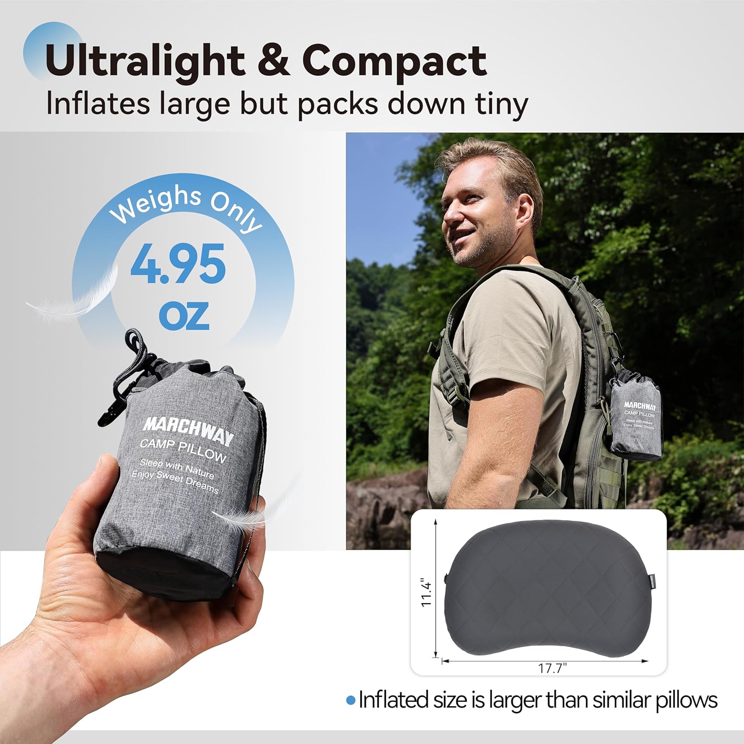MARCHWAY Ultralight Inflatable Camping Pillow with Soft Washable Cover, Compact Compressible Portable Travel Air Pillow for Outdoor Camp, Sport, Hiking, Backpacking Sleep (Grey) - Image 6